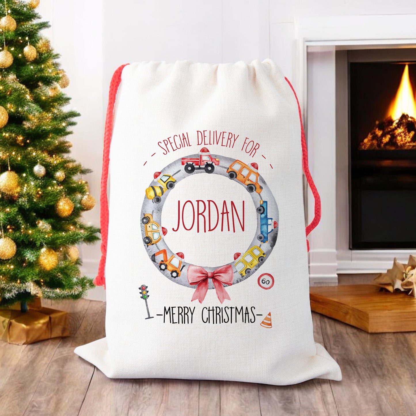 Personalised Christmas Santa Gift Sack – Transport Design with Cars, Trucks, Lorry – Custom Name Christmas Sack for Kids