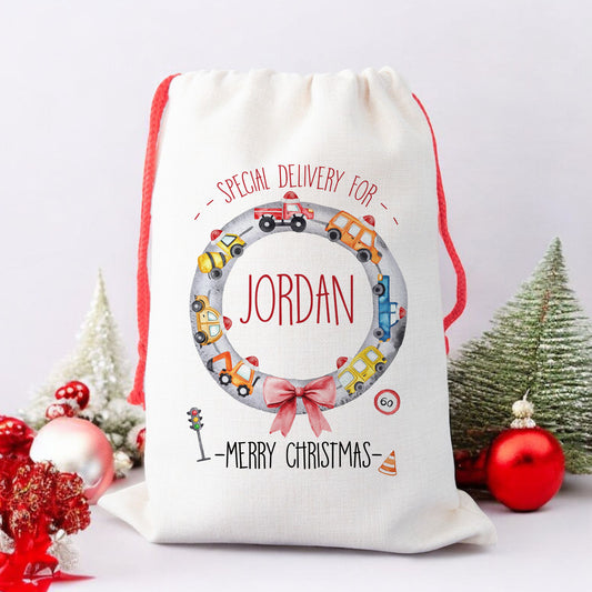 Personalised Christmas Santa Gift Sack – Transport Design with Cars, Trucks, Lorry – Custom Name Christmas Sack for Kids