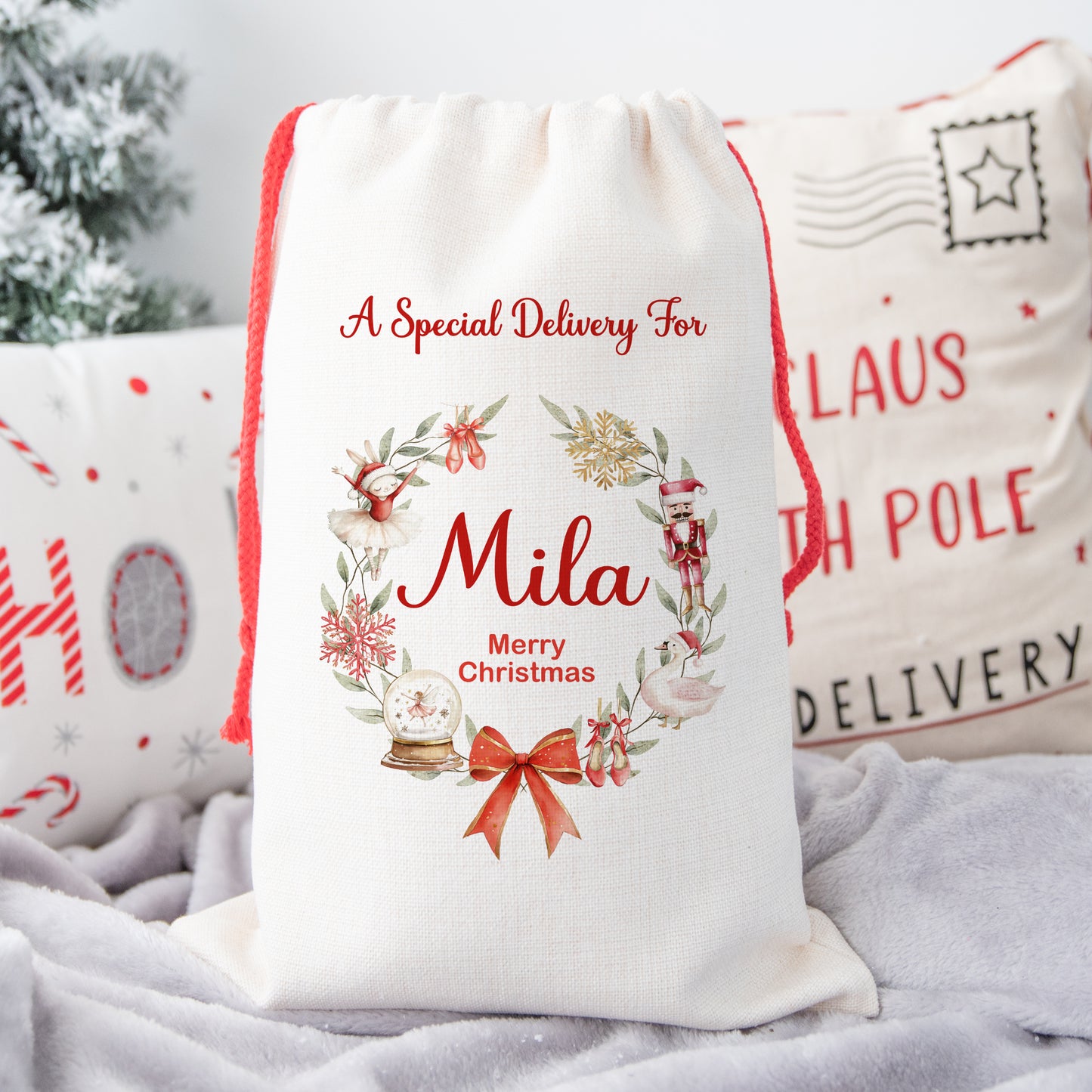 Personalised Santa Sack, Gift Sack for Kids or Adults, Ballerina Wreath