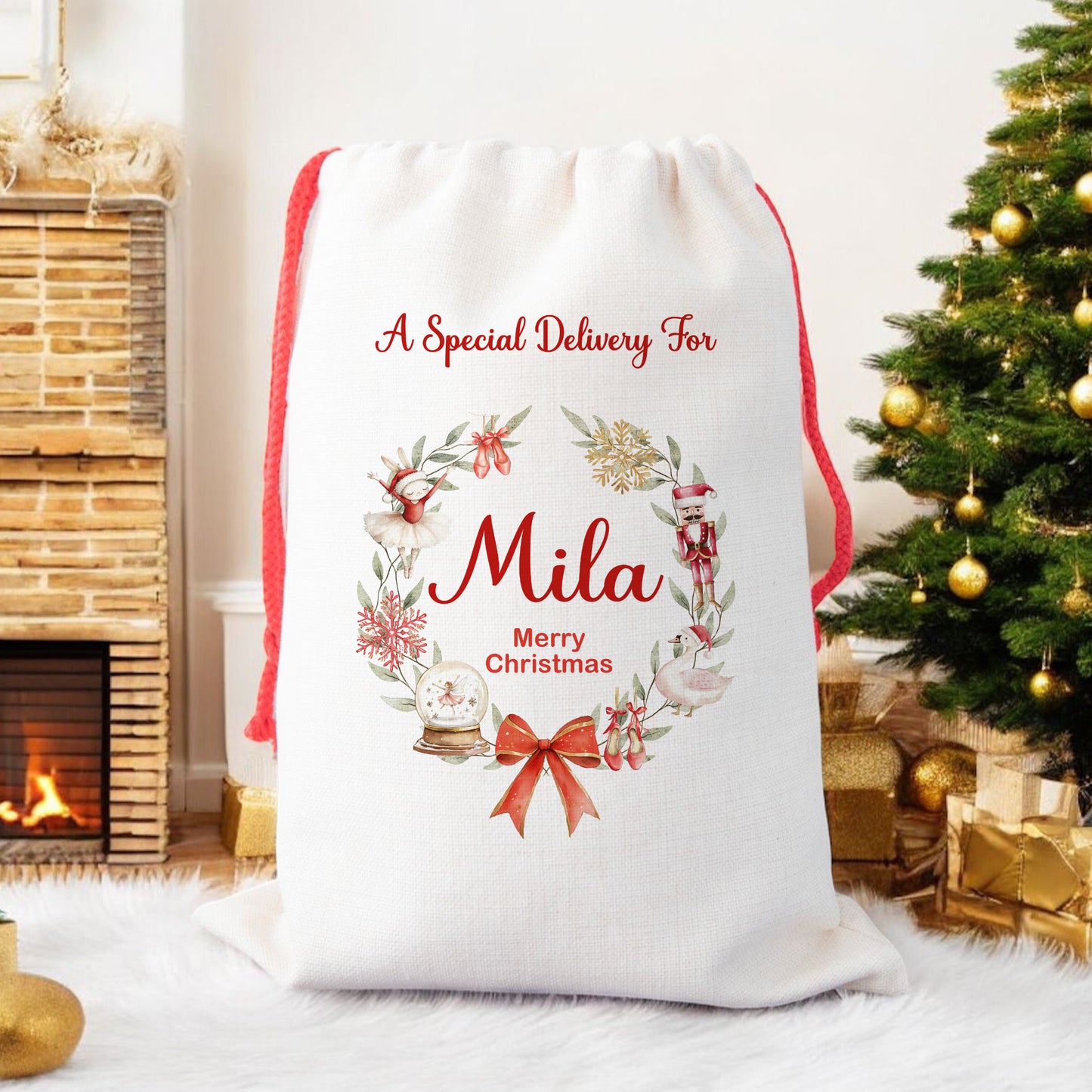 Personalised Santa Sack, Gift Sack for Kids or Adults, Ballerina Wreath
