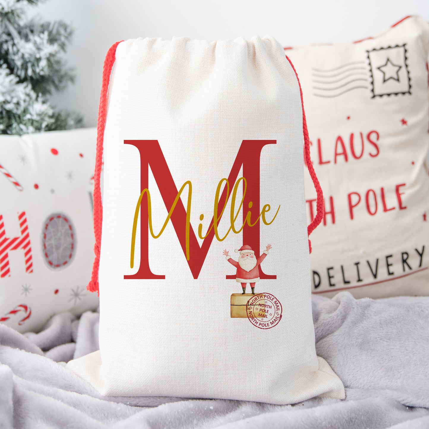 Personalised Christmas Santa Gift Sack – Red Initial & Santa Claus Design – Custom Name Christmas Sack for Kids