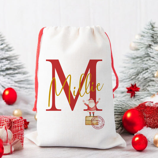 Personalised Christmas Santa Gift Sack – Red Initial & Santa Claus Design – Custom Name Christmas Sack for Kids