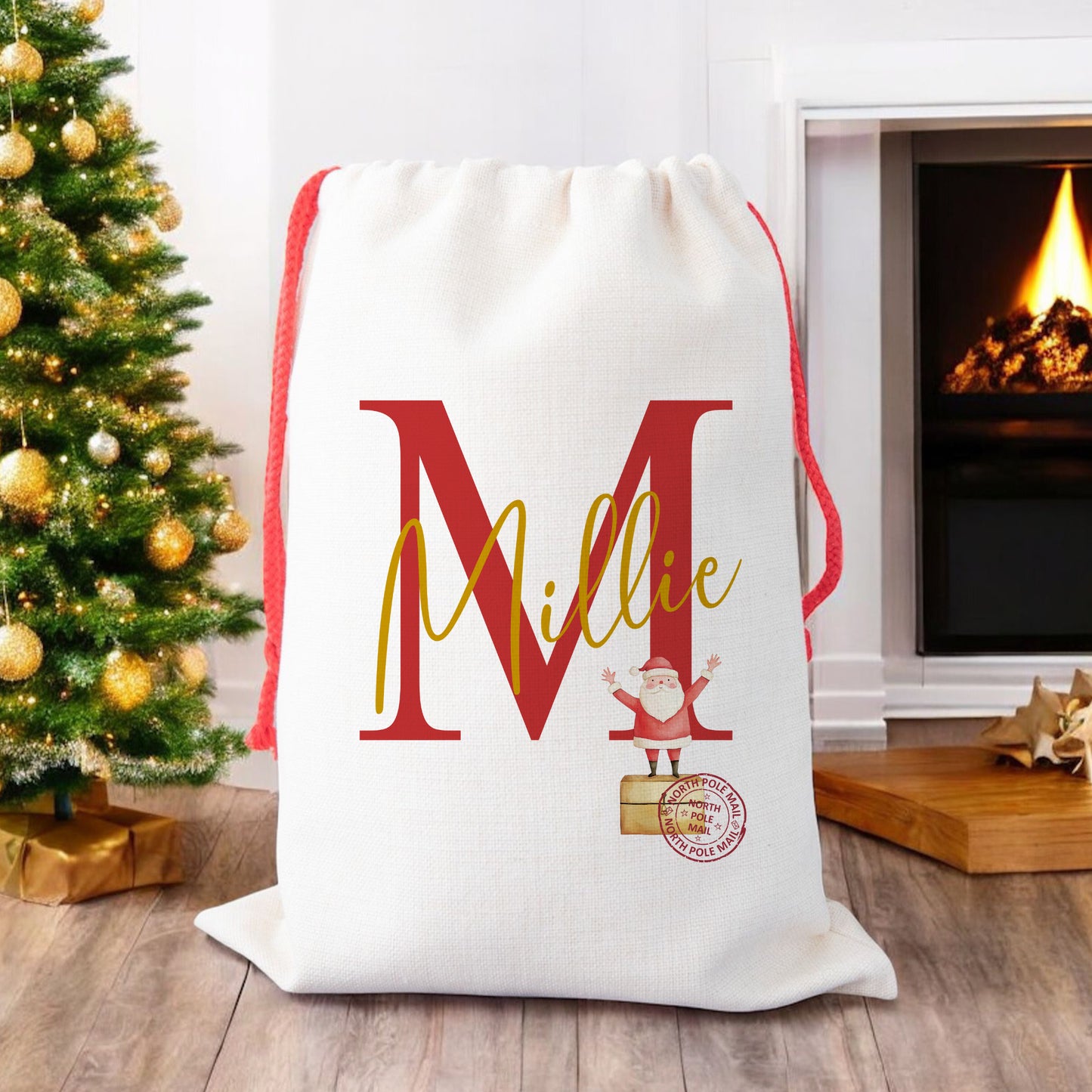 Personalised Christmas Santa Gift Sack – Red Initial & Santa Claus Design – Custom Name Christmas Sack for Kids