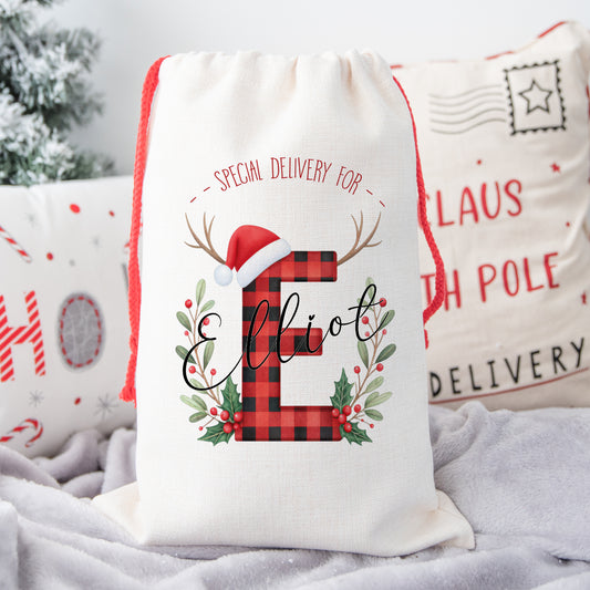 Personalised Christmas Santa Gift Sack – Red Plaid Reindeer Ears Design – Custom Name Christmas Sack