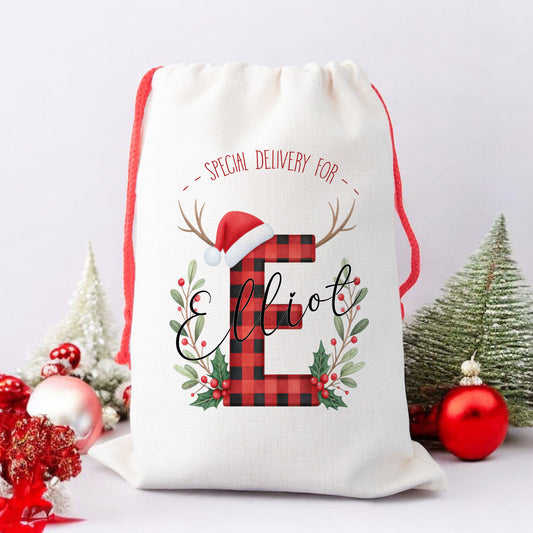 Personalised Christmas Santa Gift Sack – Red Plaid Reindeer Ears Design – Custom Name Christmas Sack