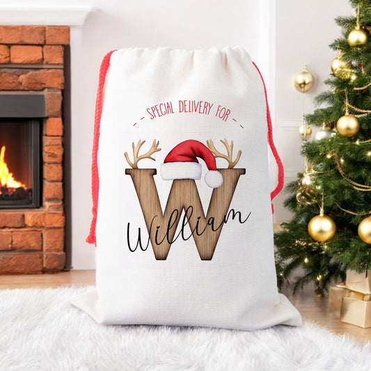 Personalised Christmas Santa Gift Sack – Wooden Effect Initial Reindeer Ears Design – Custom Name Christmas Sack