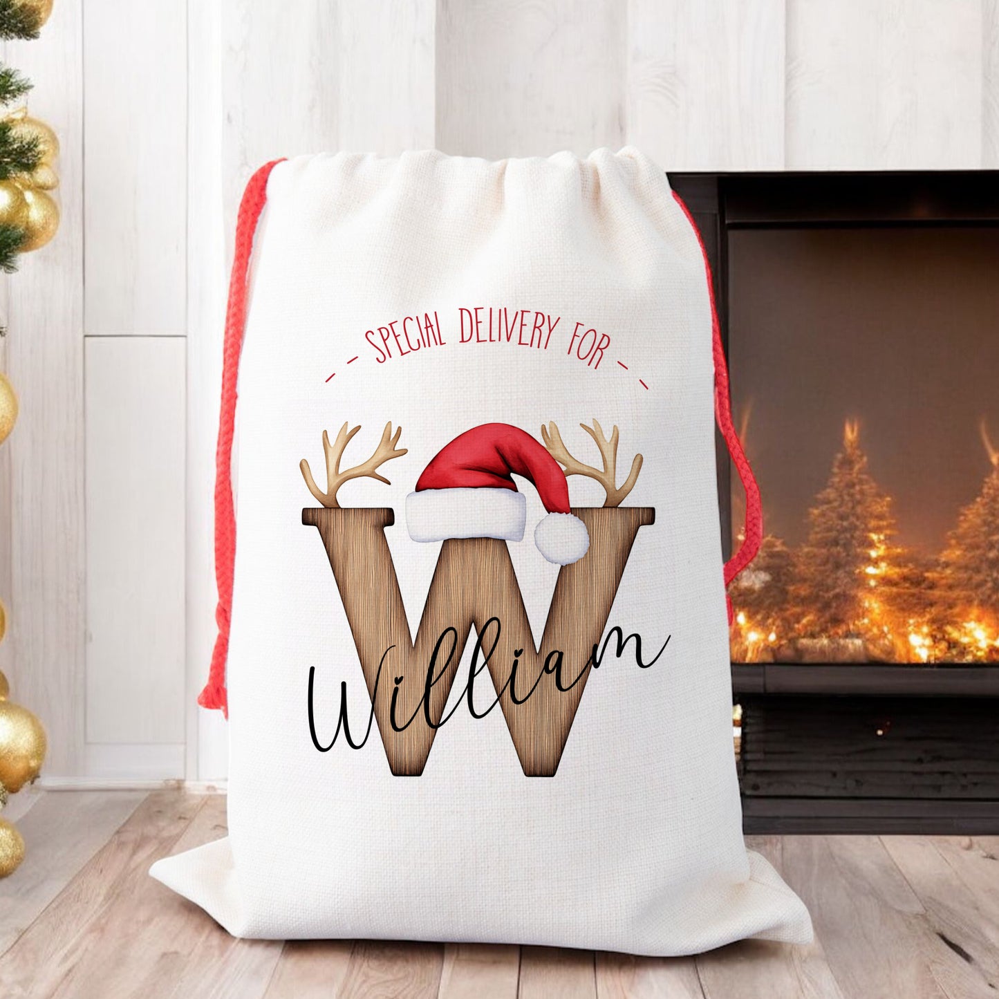 Personalised Christmas Santa Gift Sack – Wooden Effect Initial Reindeer Ears Design – Custom Name Christmas Sack