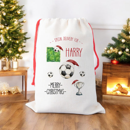 Personalised Christmas Santa Gift Sack – Football Design with Pitch, Trophy & Ball – Custom Name Christmas Sack for Kids