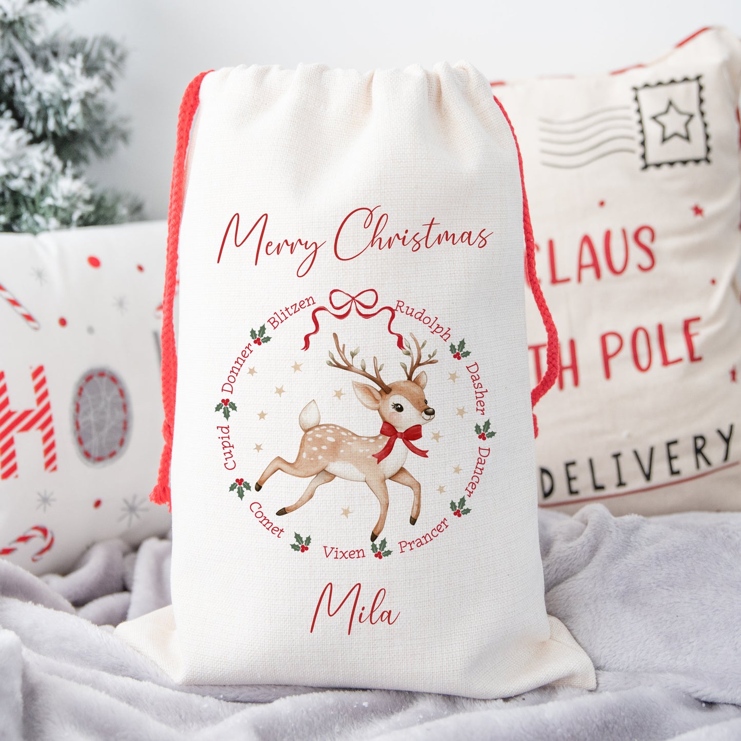 Personalised Christmas Santa Gift Sack – Reindeer Design  – Custom Name Christmas Sack Red, Pink, Green