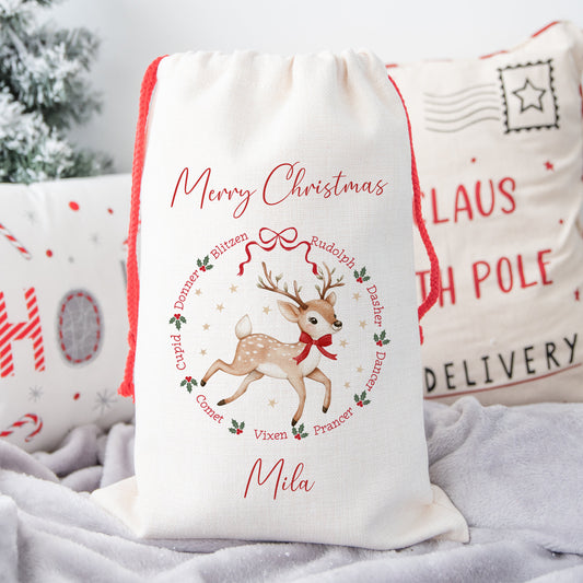 Personalised Christmas Santa Gift Sack – Reindeer Design  – Custom Name Christmas Sack Red, Pink, Green