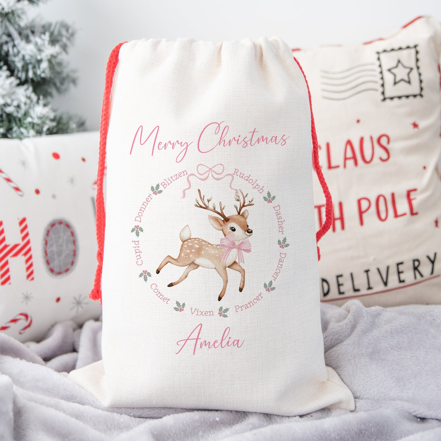 Personalised Christmas Santa Gift Sack – Reindeer Design  – Custom Name Christmas Sack Red, Pink, Green