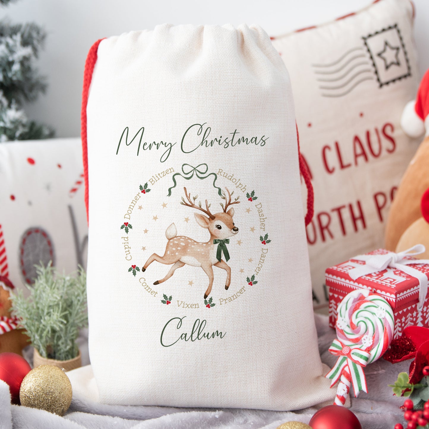 Personalised Christmas Santa Gift Sack – Reindeer Design  – Custom Name Christmas Sack Red, Pink, Green