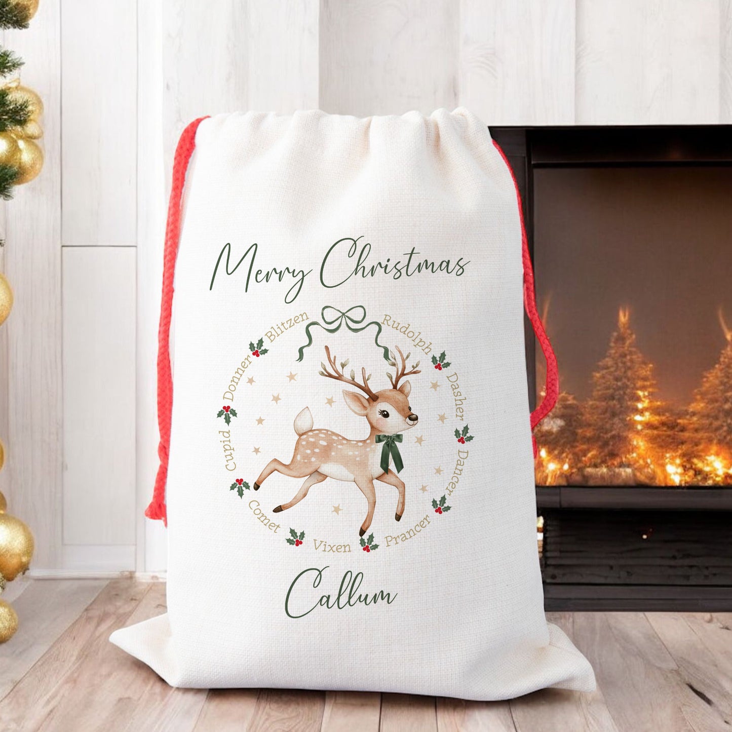 Personalised Christmas Santa Gift Sack – Reindeer Design  – Custom Name Christmas Sack Red, Pink, Green