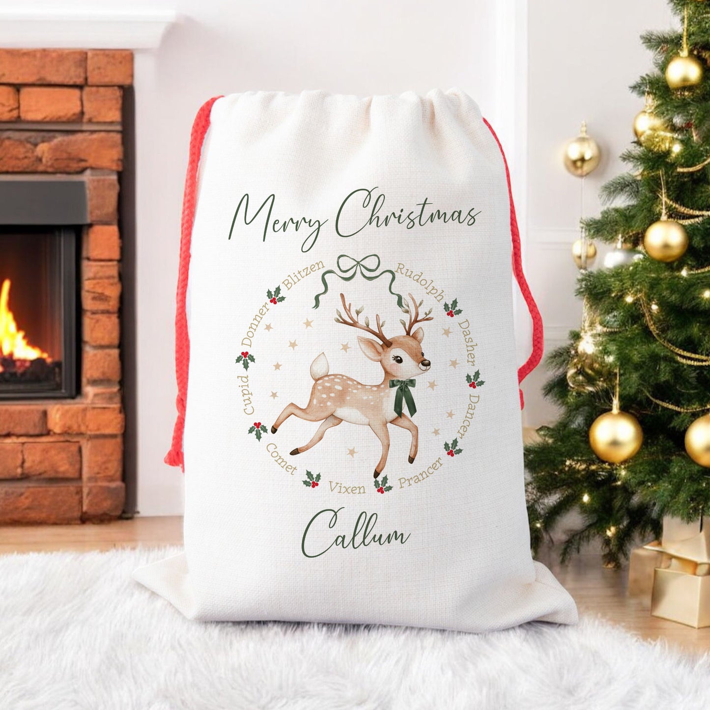Personalised Christmas Santa Gift Sack – Reindeer Design  – Custom Name Christmas Sack Red, Pink, Green