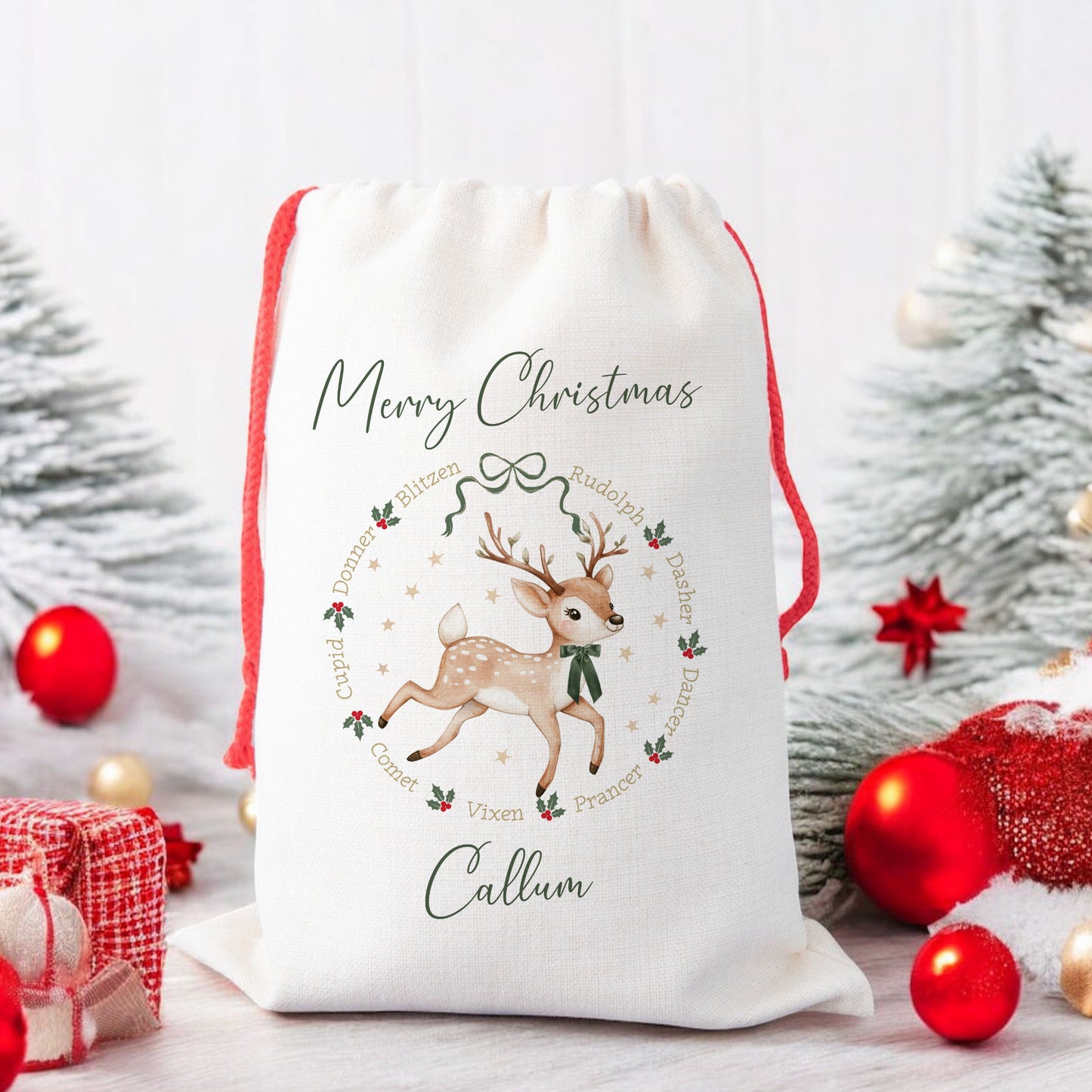 Personalised Christmas Santa Gift Sack – Reindeer Design  – Custom Name Christmas Sack Red, Pink, Green