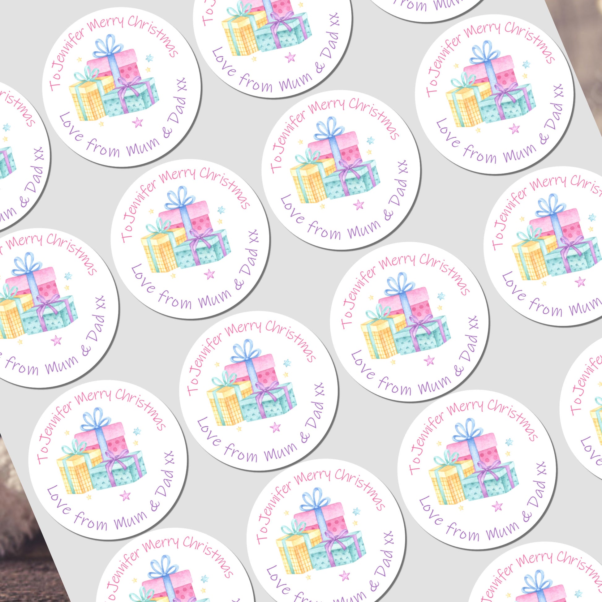 Personalised Christmas stickers with kids’ names for gift wrapping