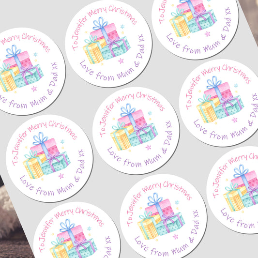 Santa present labels with kids’ names, personalised Christmas stickers
