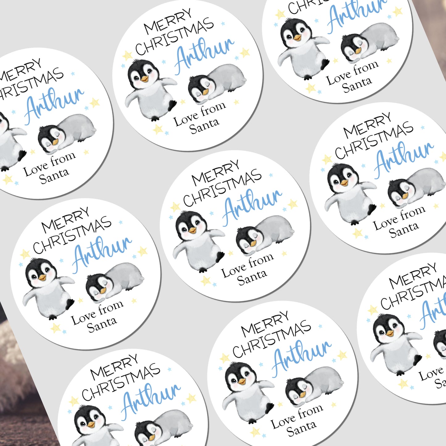Christmas Stickers for Children's Gift Wrapping, Personalised With Name Penguin