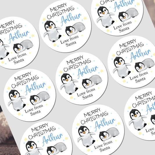 Christmas Stickers for Children's Gift Wrapping, Personalised With Name Penguin