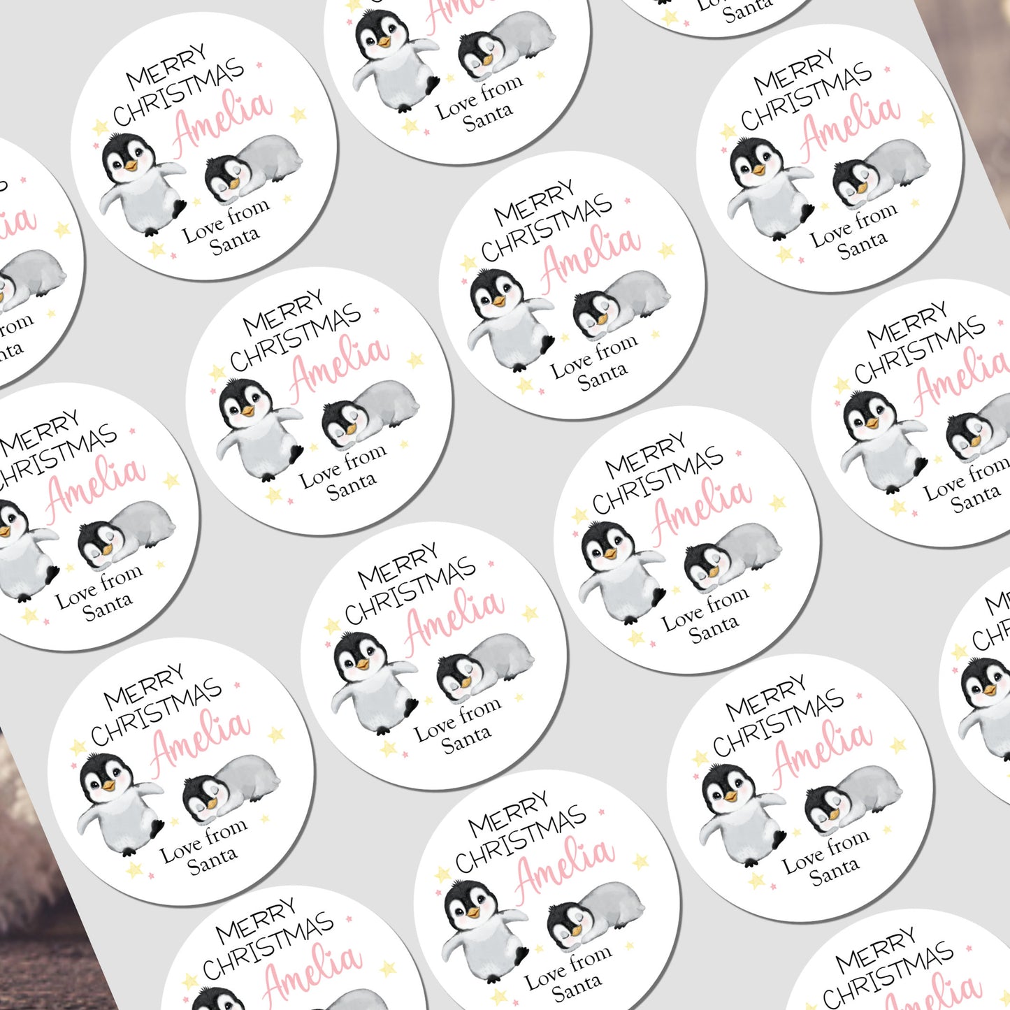 Christmas Stickers for Children's Gift Wrapping, Personalised With Name Penguin