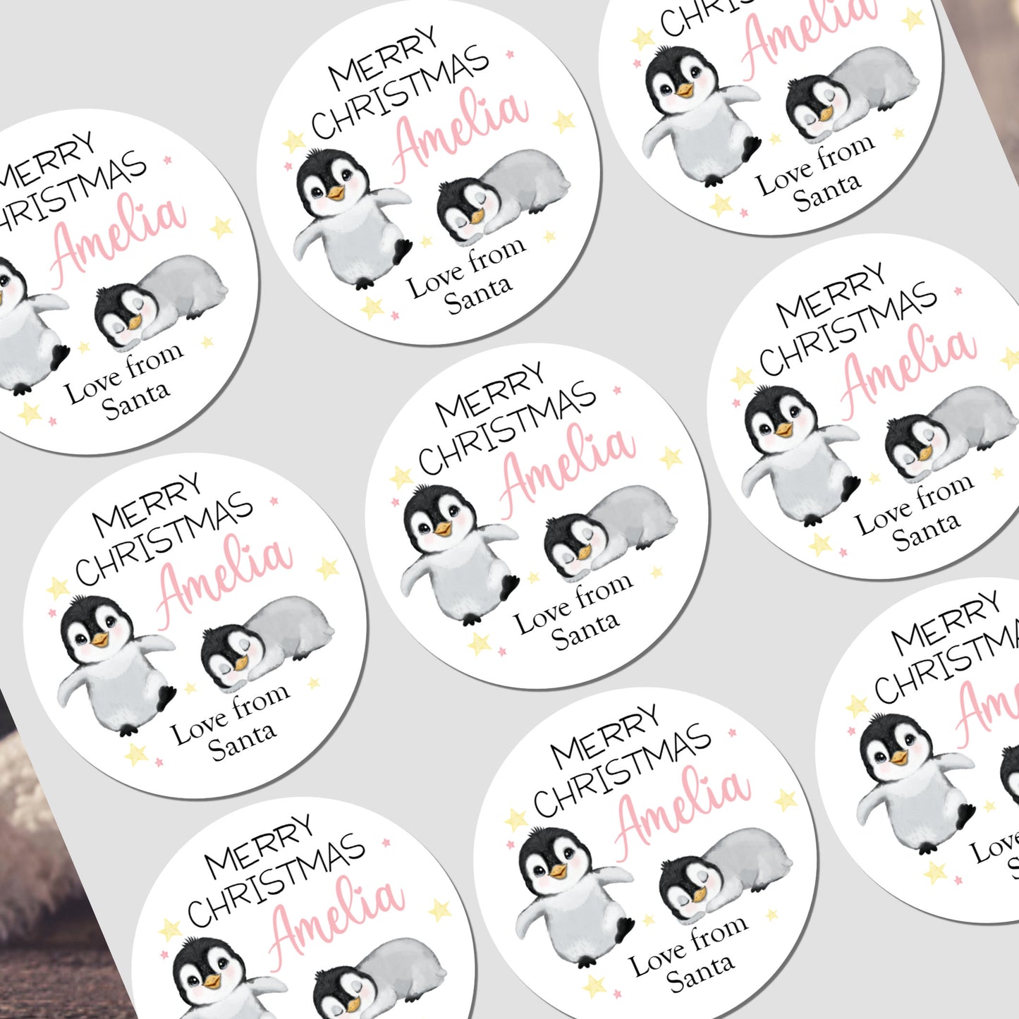 Christmas Stickers for Children's Gift Wrapping, Personalised With Name Penguin