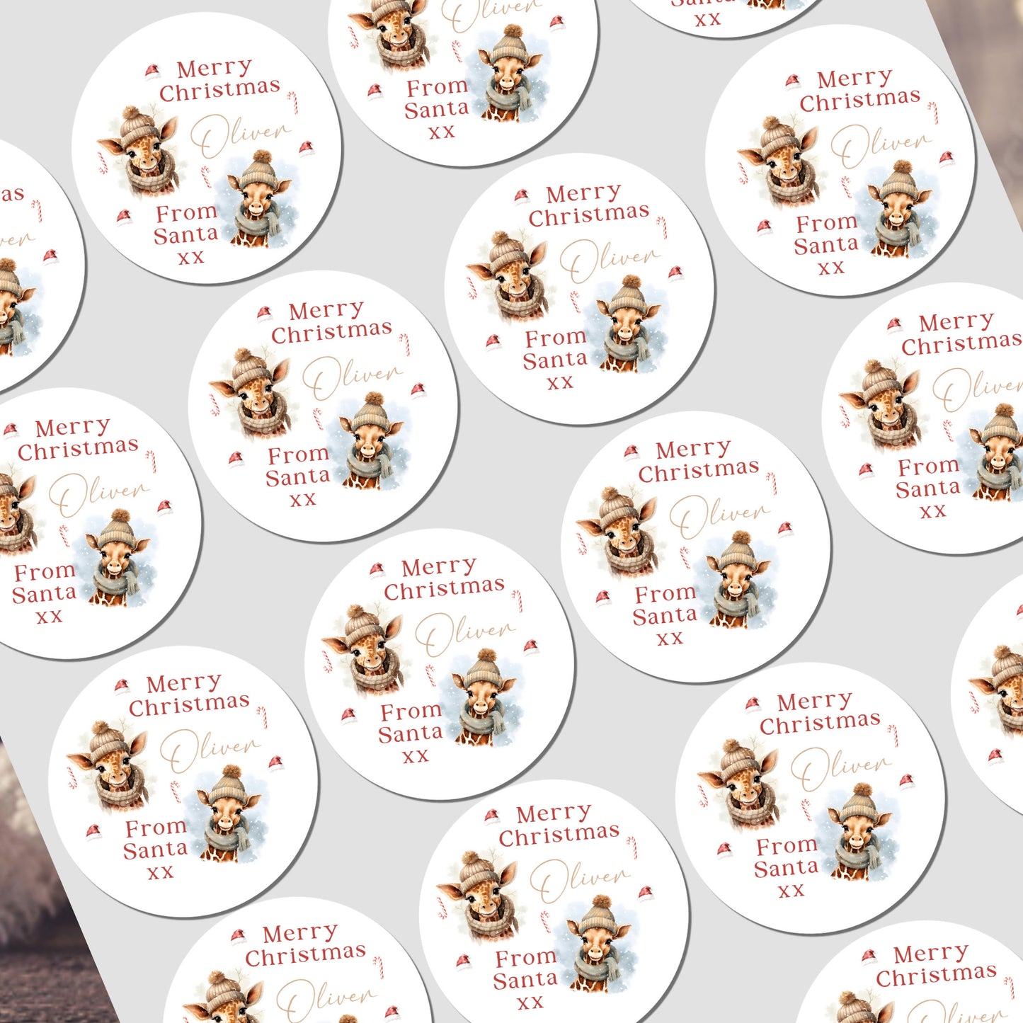 Multiple 'Merry Christmas' stickers with a reindeer design on a white background