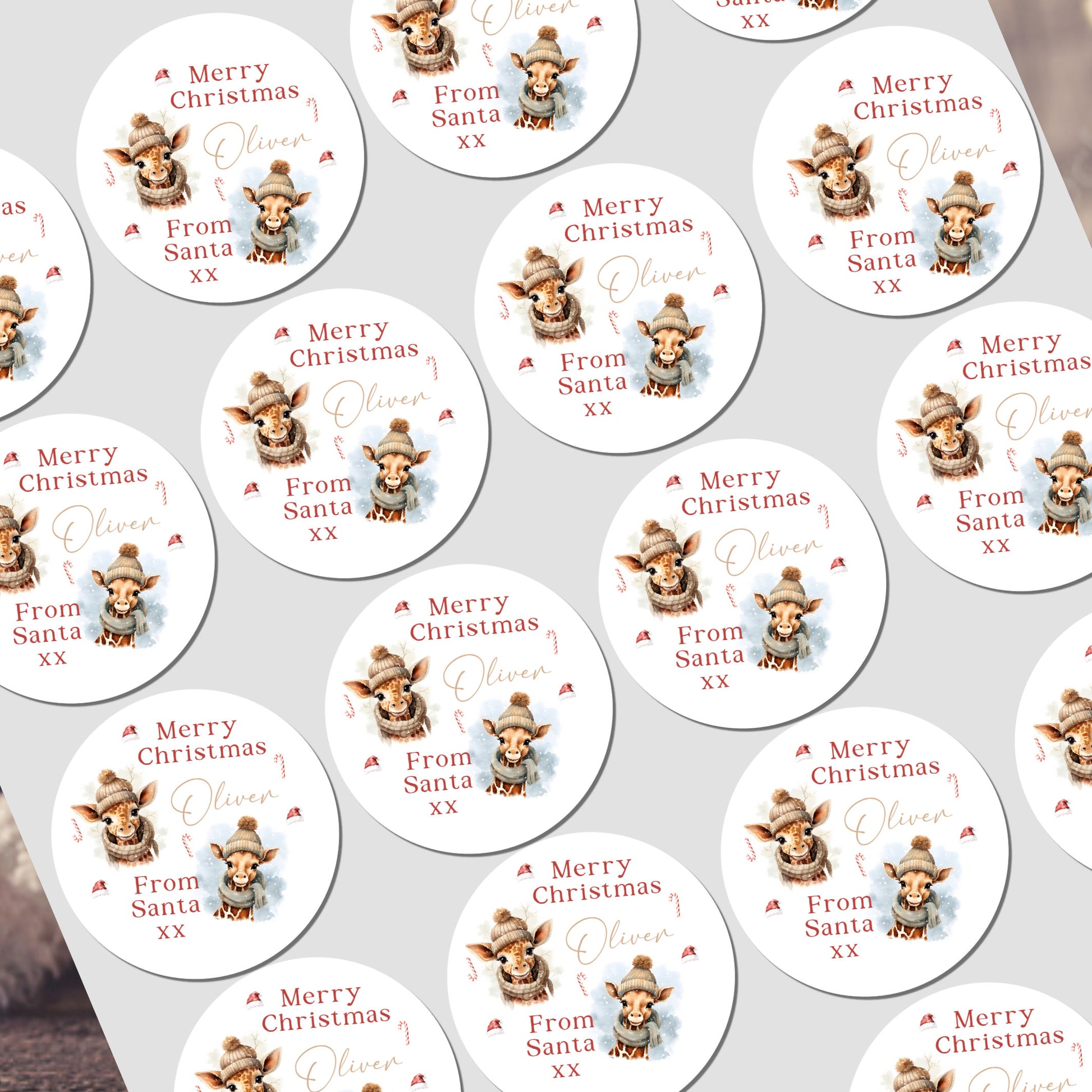Multiple 'Merry Christmas' stickers with a reindeer design on a white background