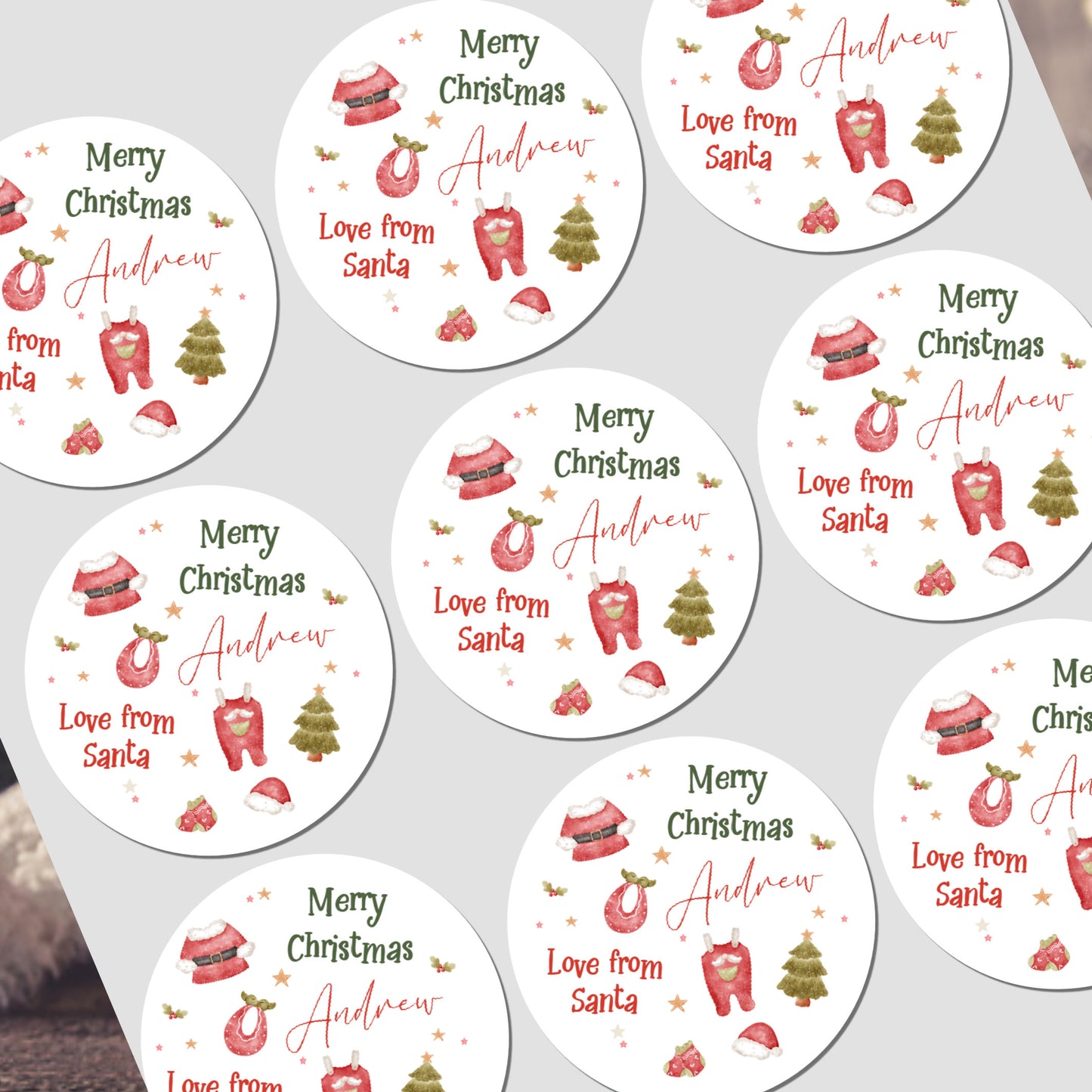 Christmas Stickers for Babies Gift Wrapping, Personalised With Name - Christmas Clothing