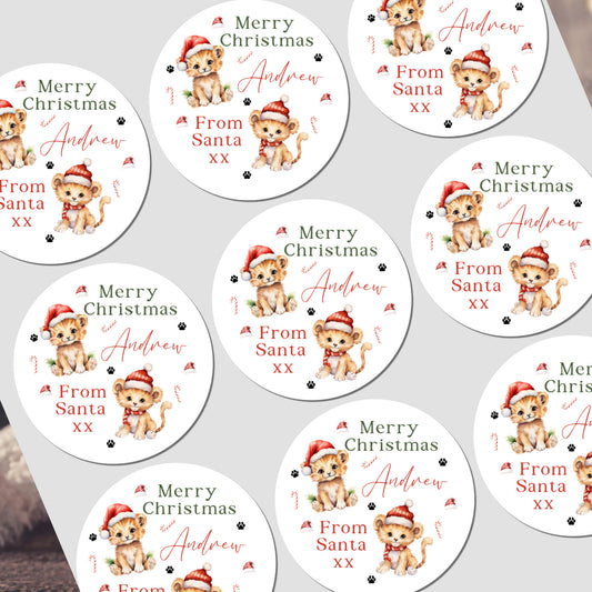 Christmas Stickers for Children's Gift Wrapping, Personalised With Name - Lion Cub