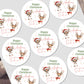 Circular Christmas stickers with reindeer design and text on a white background