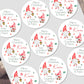 Circular Christmas stickers with gnomes and personalized text on a white background