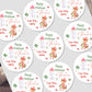 Personalized Christmas stickers with elf and snowman designs on a white background.
