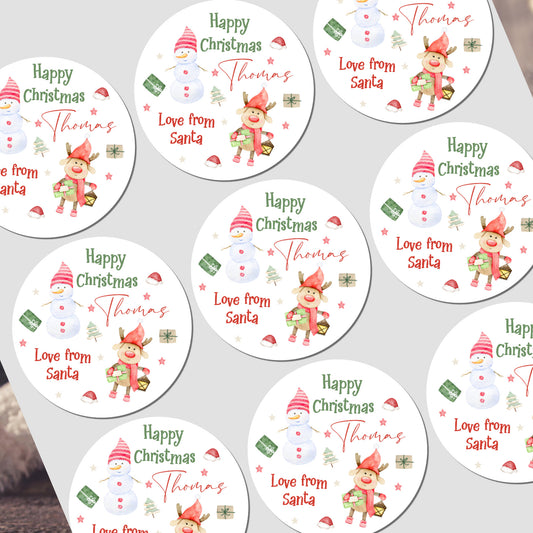 Personalized Christmas stickers with elf and snowman designs on a white background.
