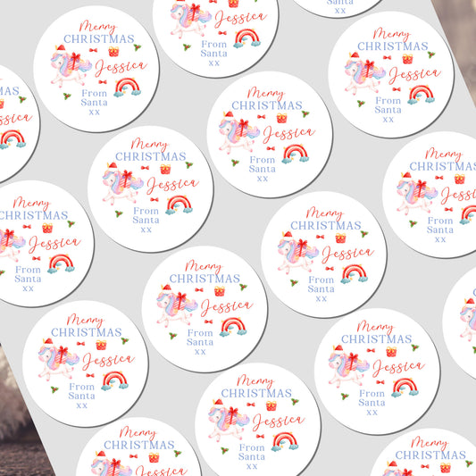 Personalized Christmas stickers with festive designs on a white background