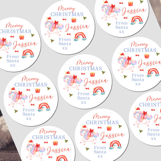 Personalized Christmas stickers with decorative elements and text on a white background.