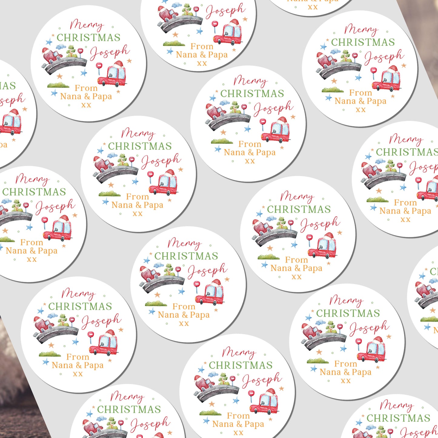 Collection of personalized Christmas stickers with festive designs on a white background.