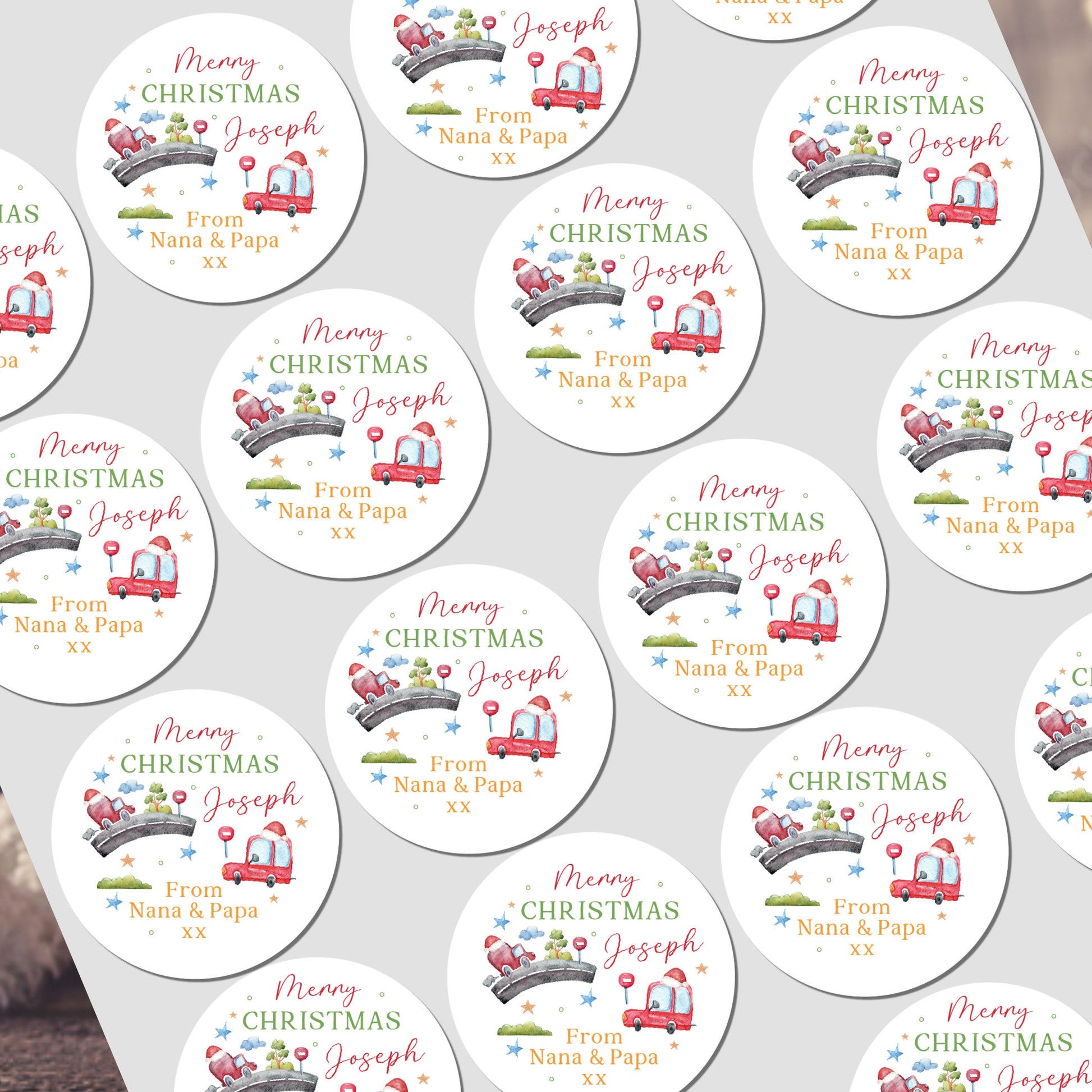 Collection of personalized Christmas stickers with festive designs on a white background.