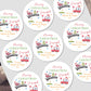 Personalized Christmas stickers with festive designs and text on a white background.