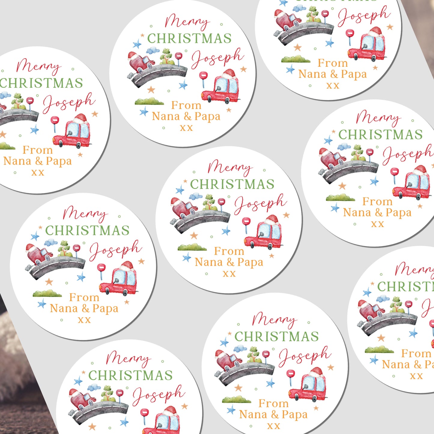 Personalized Christmas stickers with festive designs and text on a white background.