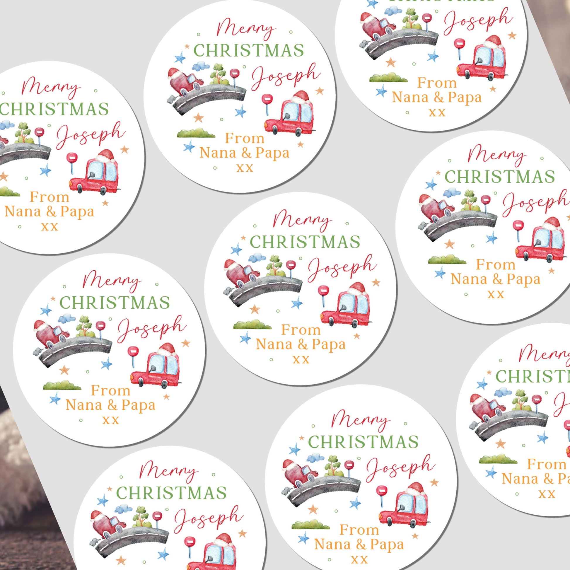 Personalized Christmas stickers with festive designs and text on a white background.