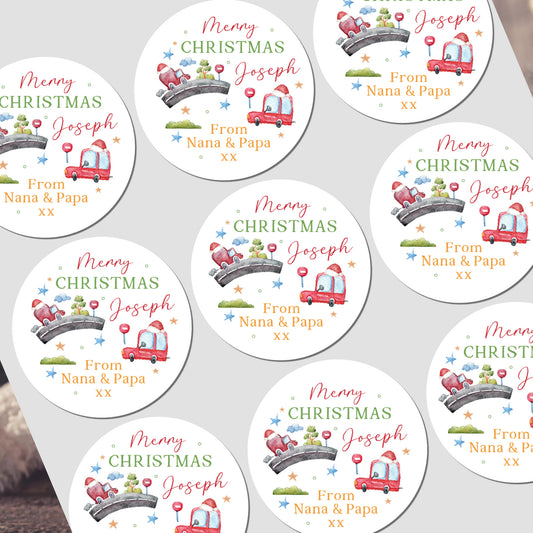 Personalized Christmas stickers with festive designs and text on a white background.
