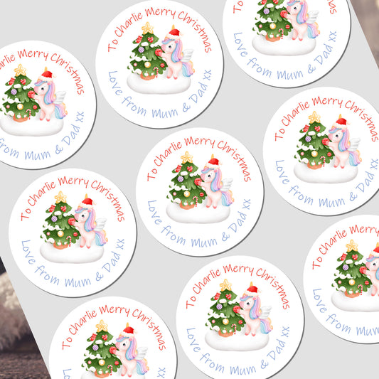 Personalized Christmas stickers with unicorns and trees on a white background