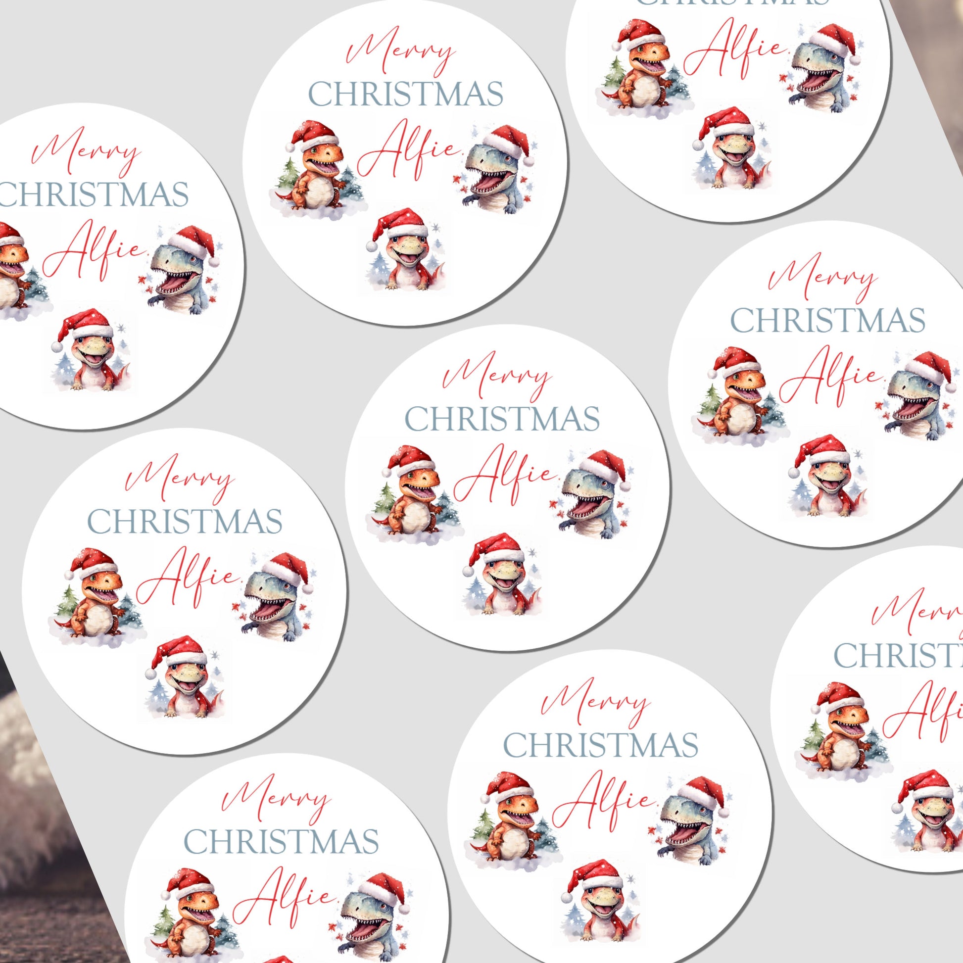 Personalized Christmas stickers with a cartoon character and 'Merry Christmas Alfie' text on a white background.