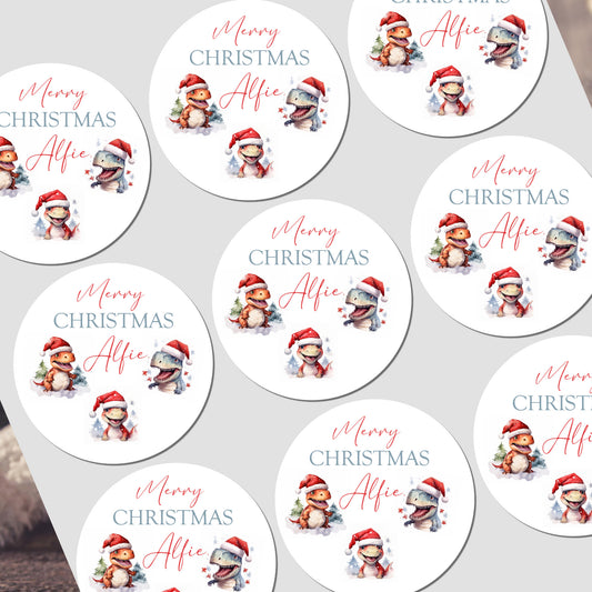Personalized Christmas stickers with a cartoon character and 'Merry Christmas Alfie' text on a white background.