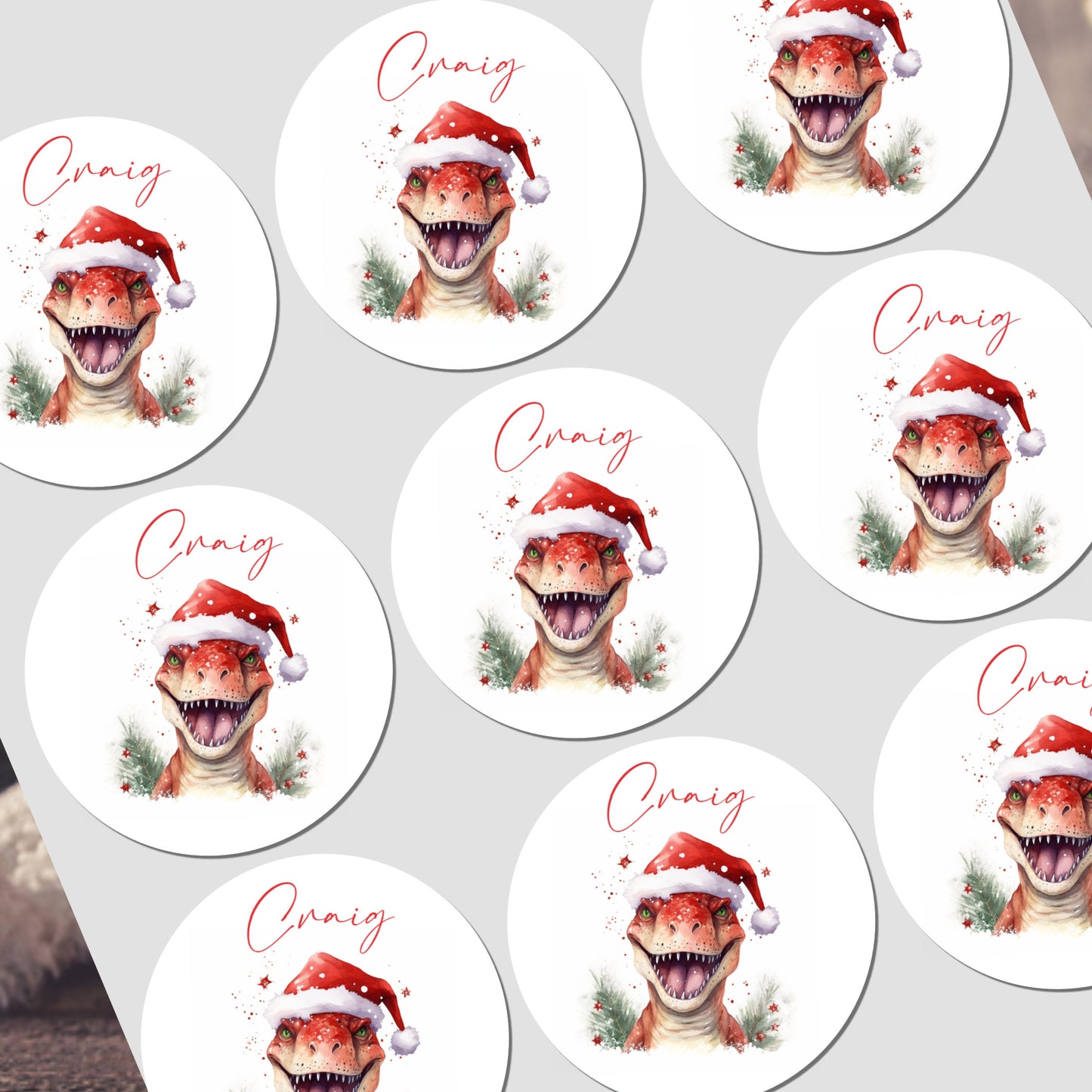 Repeating pattern of a dinosaur wearing a Santa hat with 'Craig' text on a white background.