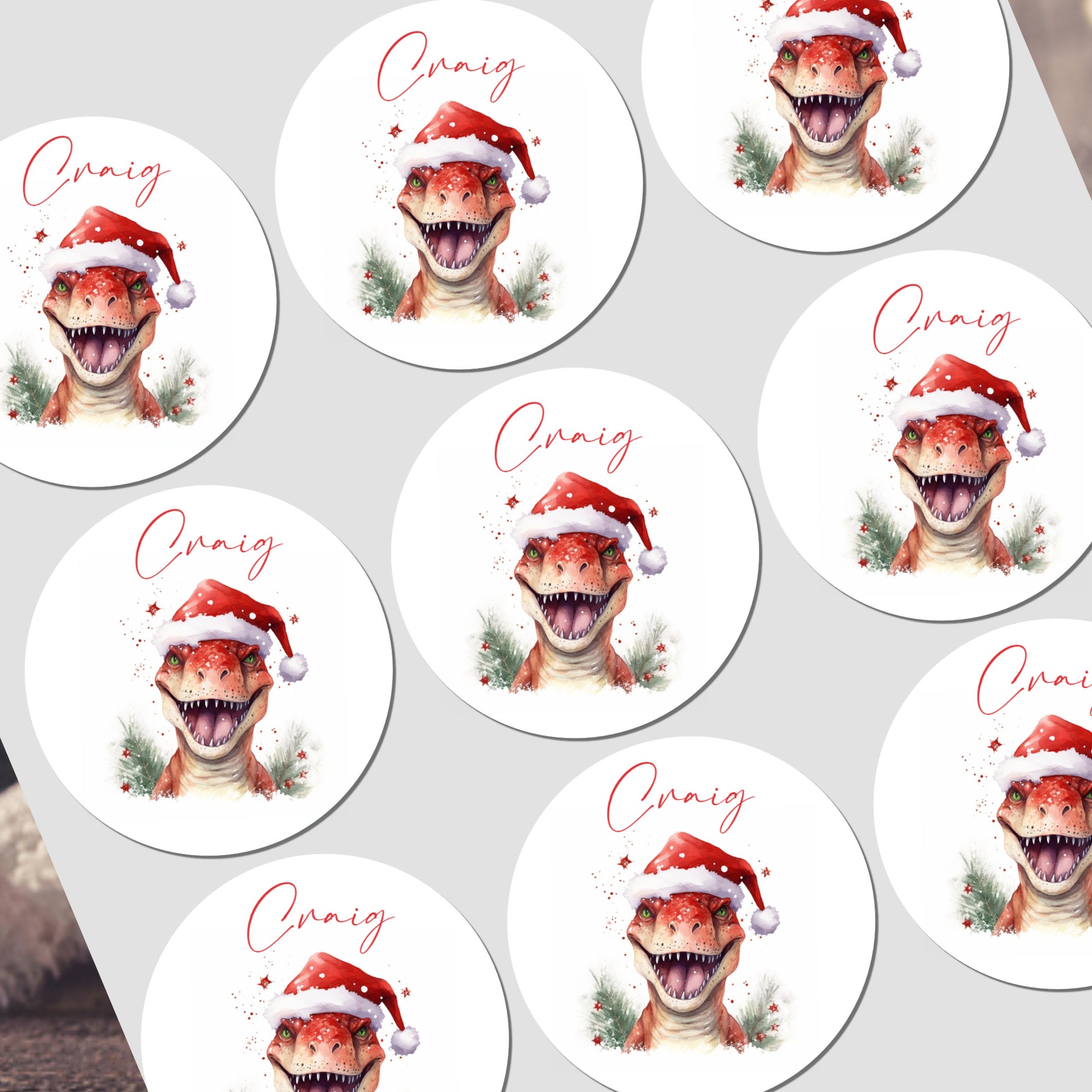 Repeating pattern of a dinosaur wearing a Santa hat with 'Craig' text on a white background.
