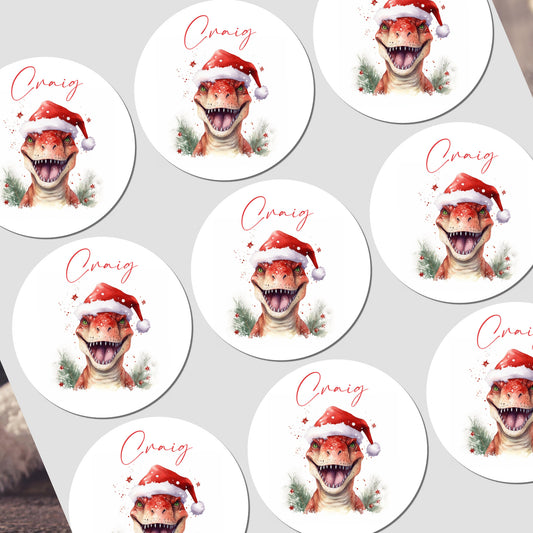 Repeating pattern of a dinosaur wearing a Santa hat with 'Craig' text on a white background.