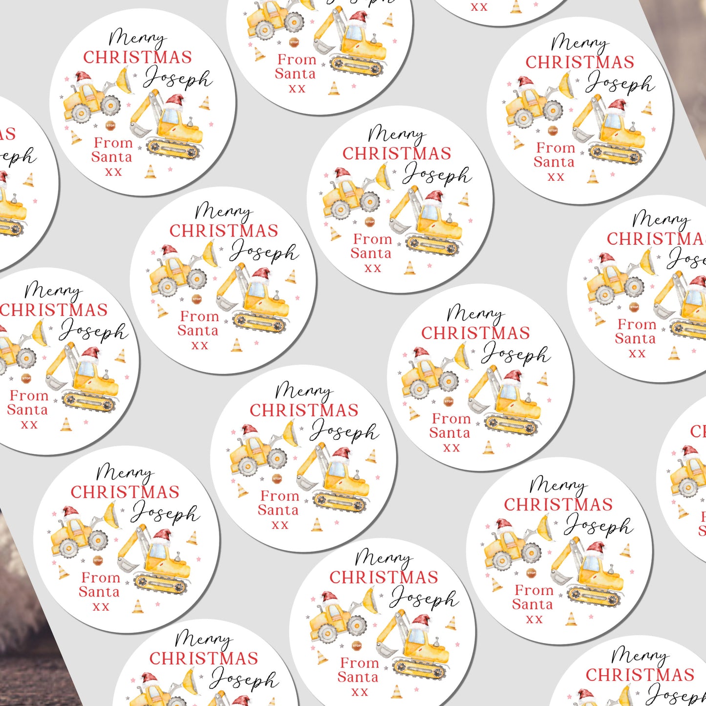 Personalized Christmas stickers with construction theme and text on a white background