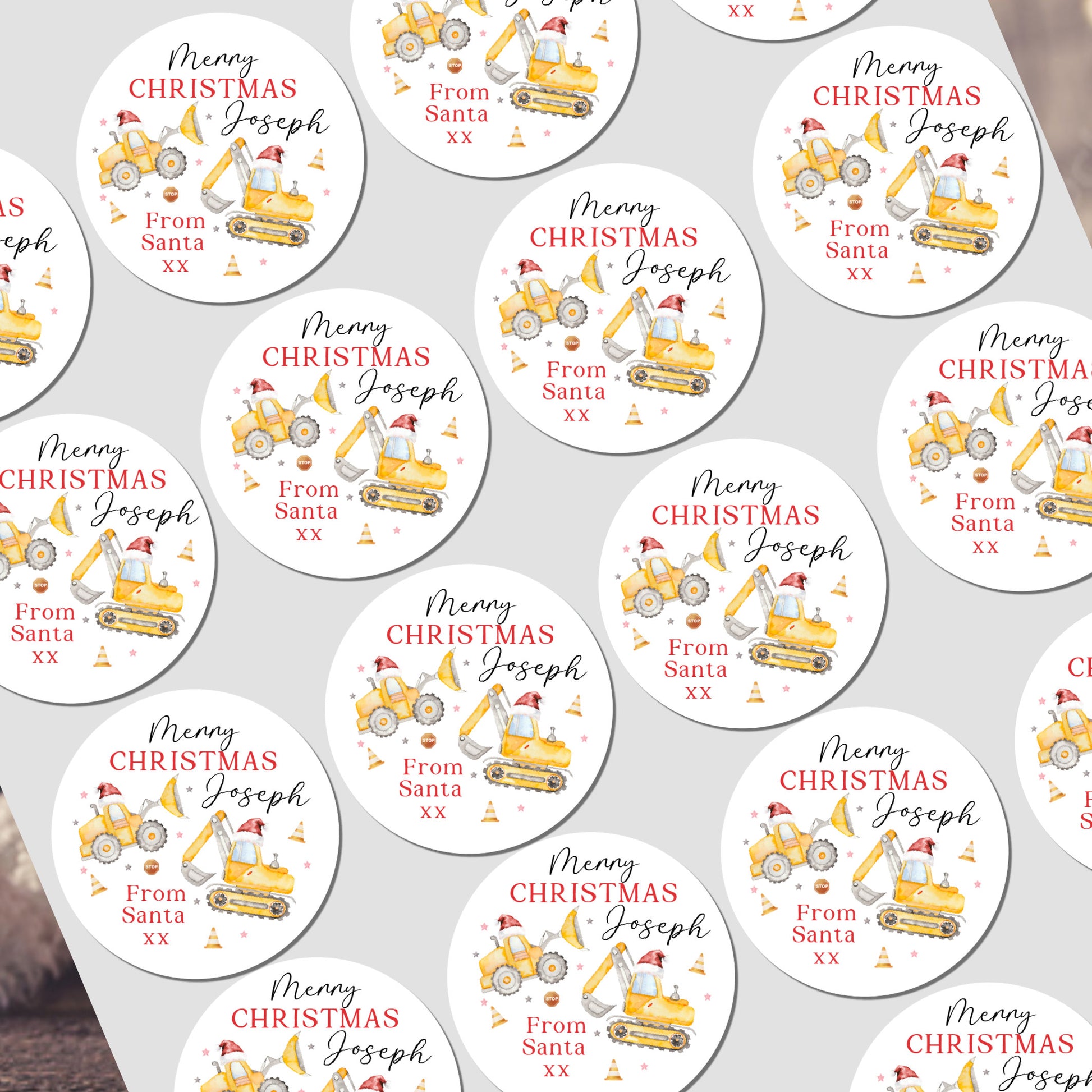 Personalized Christmas stickers with construction theme and text on a white background