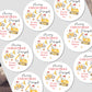 Circular Christmas labels with construction vehicle designs and personalized text on a white background.